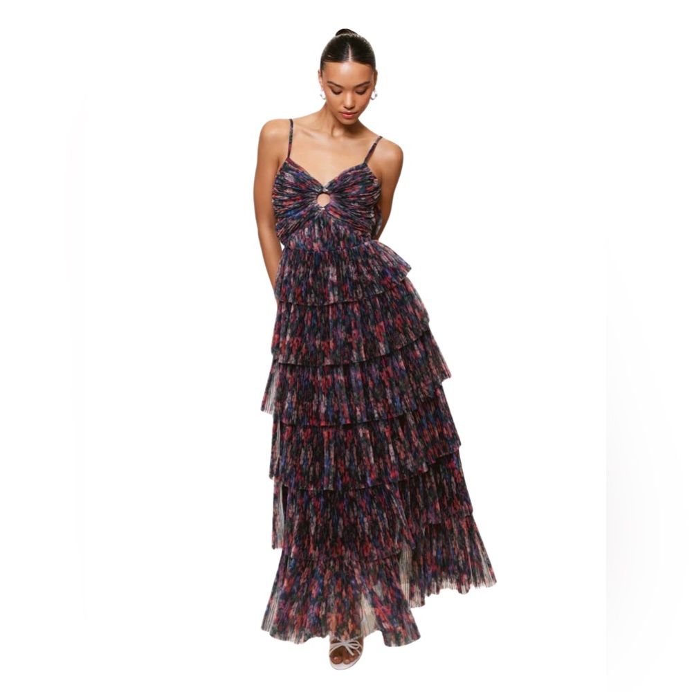 Hutch Rosey Floral Gathered Tiered Evening Gown